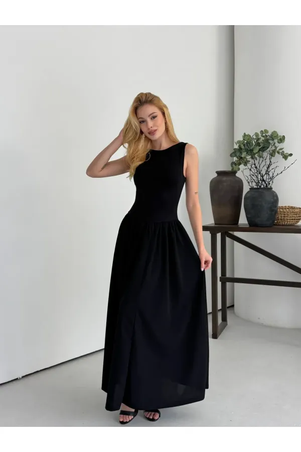 Kadın Siyah Bisiklet Yaka Üstü Esnek Viskon Alt Geniş Poplin Dokuma Kolsuz Elbise HZL26W-DSB1221