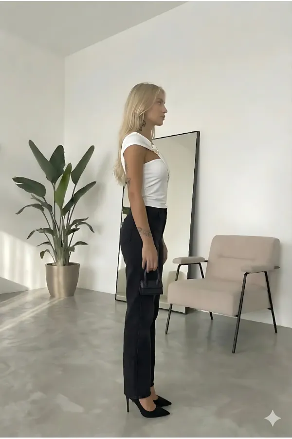 Women's White Sandy Blouse with Gold Buckle Detail and Shoulder Drape Detail HZL26W-FRY123741