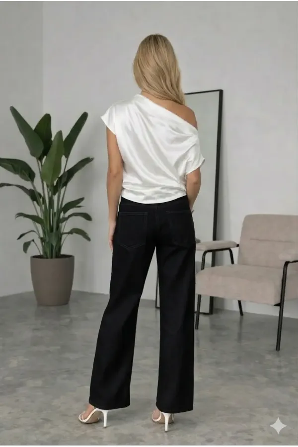 Women's White One-Shoulder Asymmetrical Satin Blouse HZL26W-FRY121171