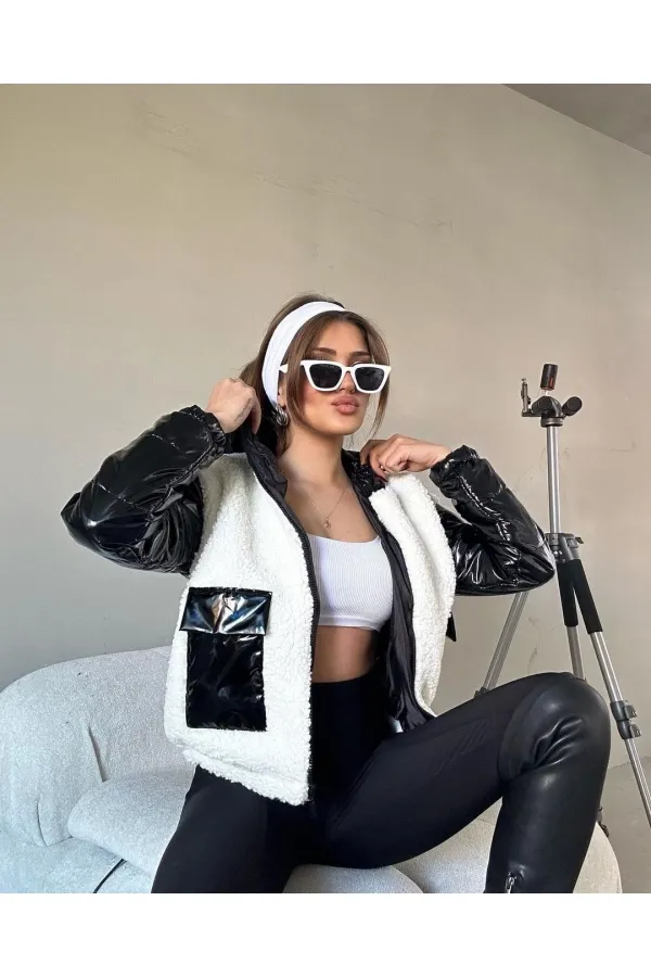 Women's White and Black Patent Leather Lined, Elastic Waist Hooded Crop Plush Coat HZL24W-BRC144441