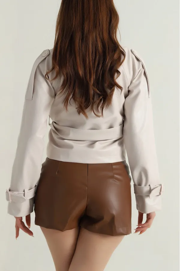 Kadın Krem Kemerli Astarlı Suni Deri Ceket HZL25W-BD110461