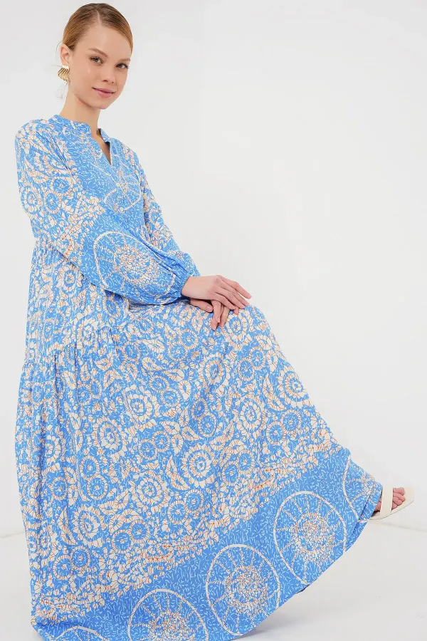 Robe hijab à motifs authentiques 2423 - Bleu clair