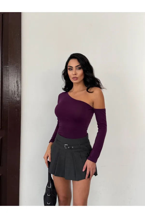 Kadın Mor Asimetrik Yaka Drapeli Sandy Bluz HZL25S-FRY123361