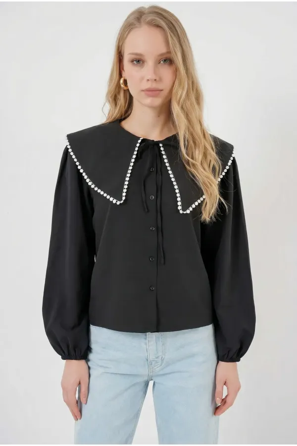 Kadın Siyah Bebe Yaka Düğmeli Şık Günlük Gömlek HZL26S-BD1203141