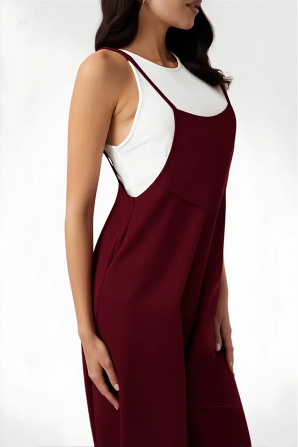 Kadın Bordo Ayarlanabilir Askılı Cepli Bol Paça Bahçıvan Tulum Hzl22s-bd170191