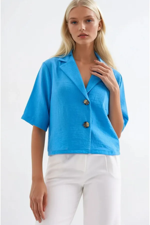 Veste Ayrobin en lin bleu à manches courtes et col châle pour femme, boutonnée, HZL24S-BD107061