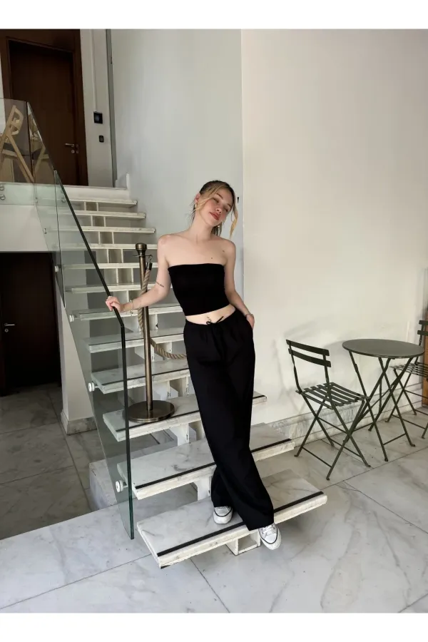 Women's Black Elastic Waist Wide Leg Linen Trousers with Pockets HZL24S-ZK11051