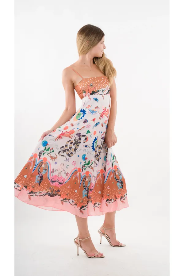 Kadın Çok Renkli İp Askılı Astarsız Uzun Elbise HZL24S-YY276