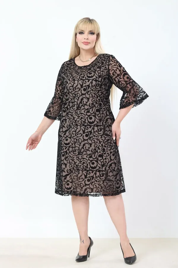 Kadın Bej Büyük Beden İspanyol Kol Astarlı Transparan Dantel Şık Abiye Elbise HZL26S-PR11151