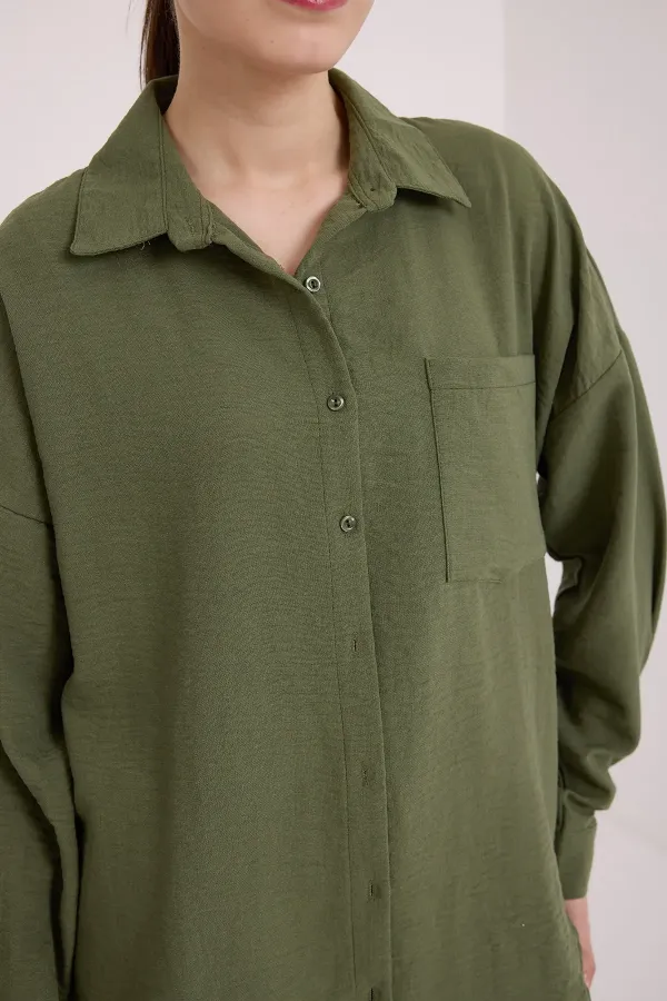 Chemise en lin oversize à poche unique 20153 - Kaki