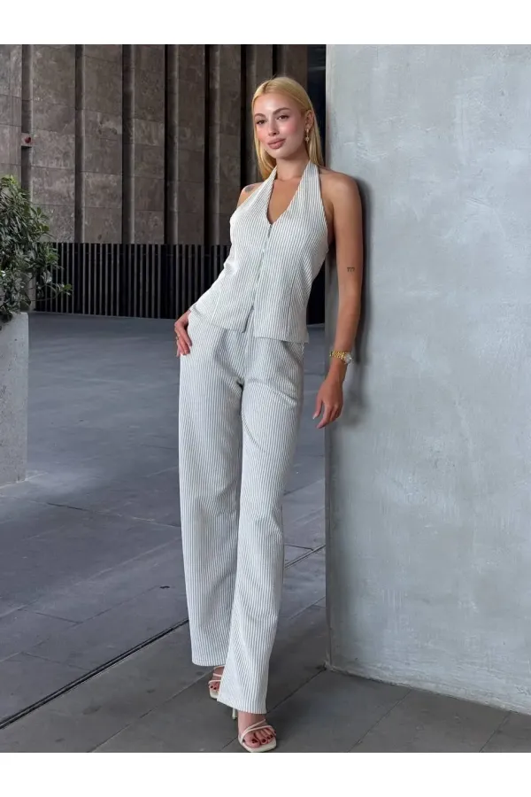 Kadın Gri Çizgili Önü Fermuarlı Bluz Pantolon İkili Takım HZL25S-ZK13691