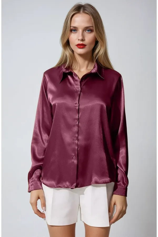 Kadın Mürdüm Hafif Dökümlü Saten Yüzeyli Gömlek Hzl22w-bd139641