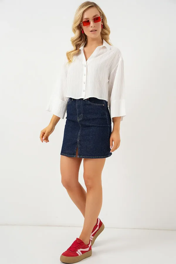 Chemise courte rayée oversize pour femme 20326 - Blanche