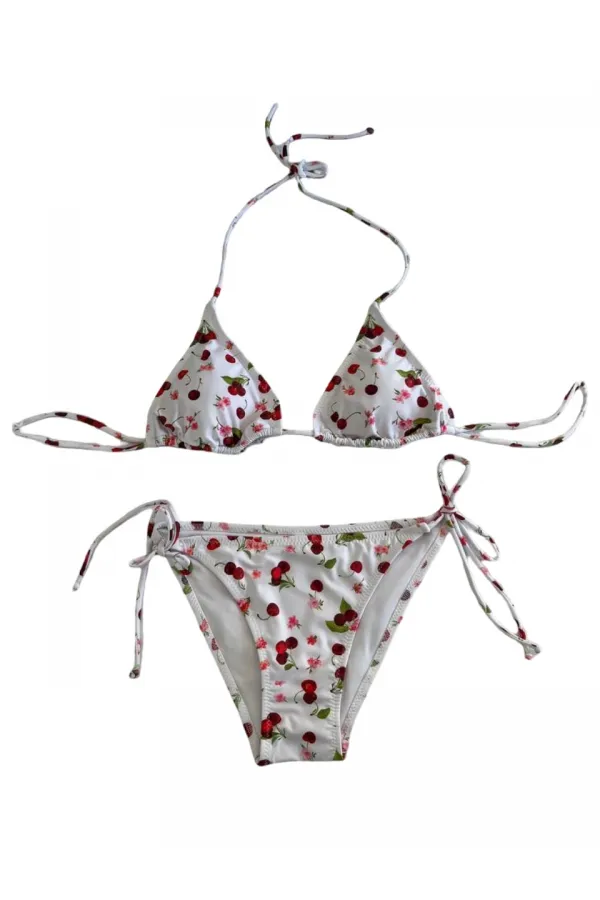 Ensemble bikini triangle dos nu à motif cerise blanche pour femme HZL25S-LC5005