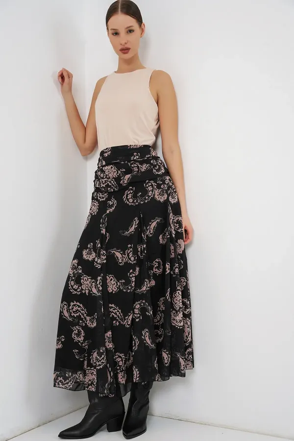 Jupe en mousseline à motifs pour femme 8057 - Noire