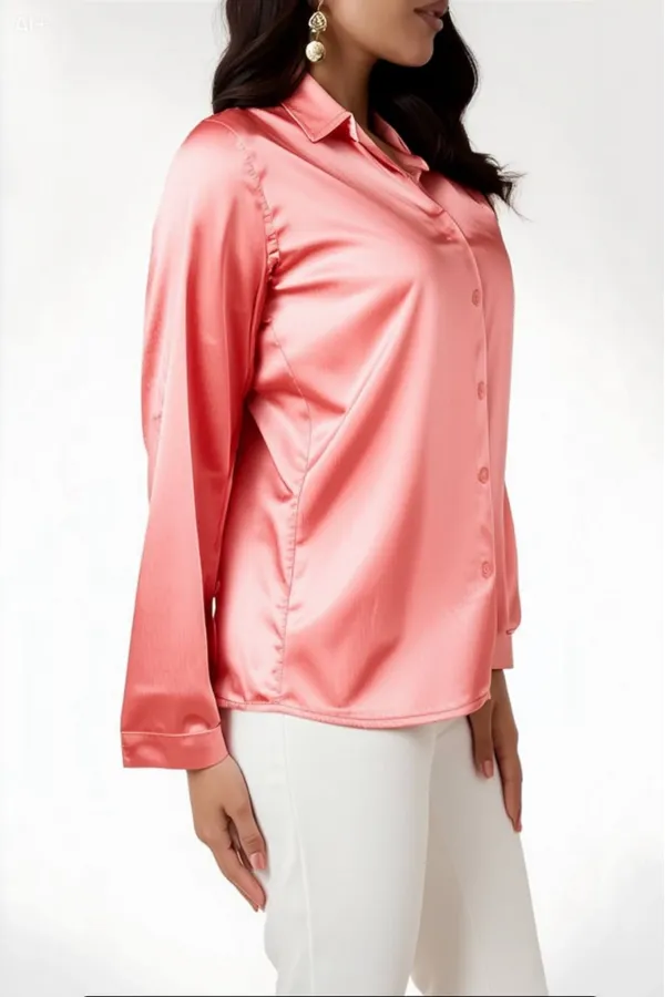 Kadın Somon Hafif Dökümlü Saten Yüzeyli Gömlek HZL22W-BD139641