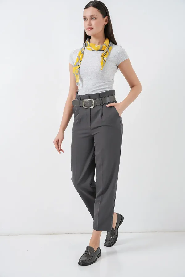 6556 Belted Fabric Trousers - Anthracite