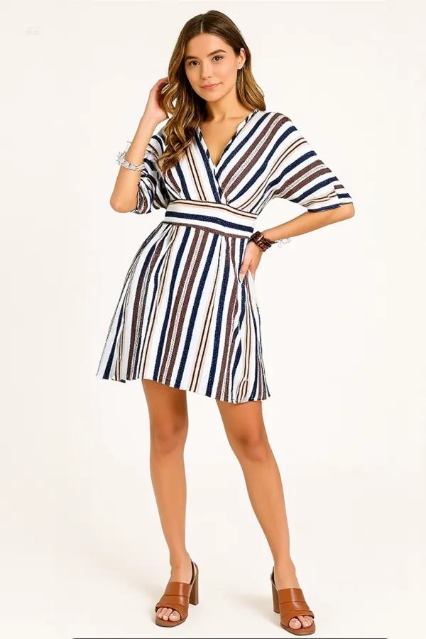 Kadın Krem Lacivert İthal Keten Baskılı V Yaka Astarsız Elbise HZL24S-FRY121021