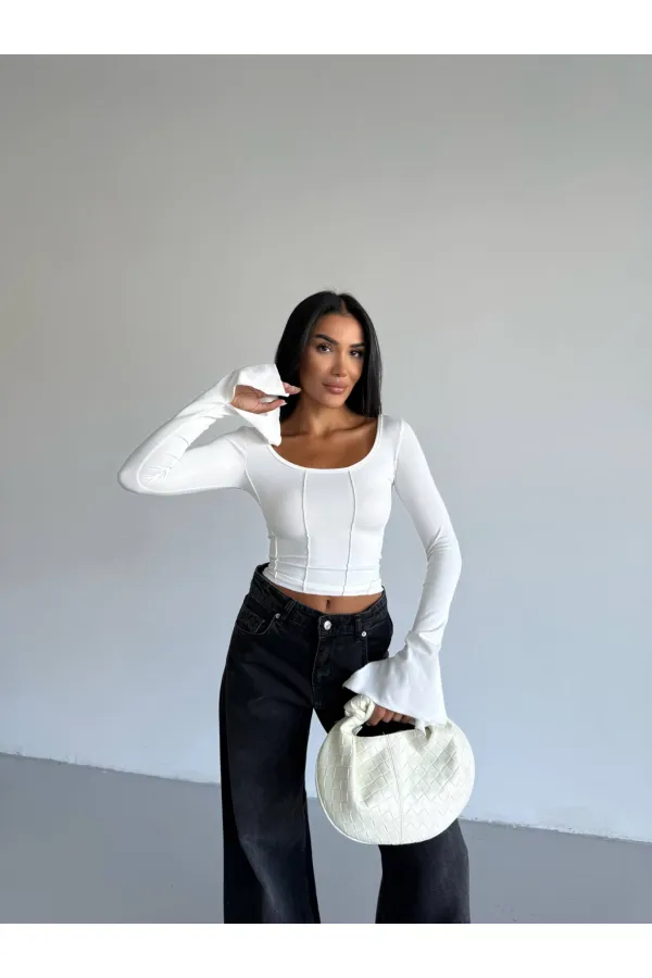 Kadın Beyaz Uzun Kollu Arkası Bağlamalı Fit Kesim Crop Bluz HZL25W-FRY122771