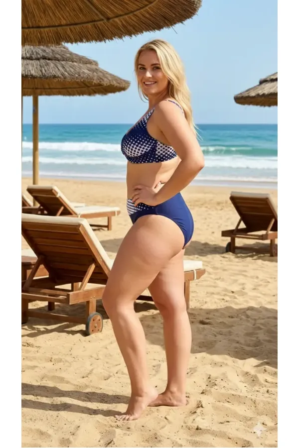 Ensemble bikini doublé grande taille à pois bleu marine et blancs pour femme HZL26S-LC21202-6