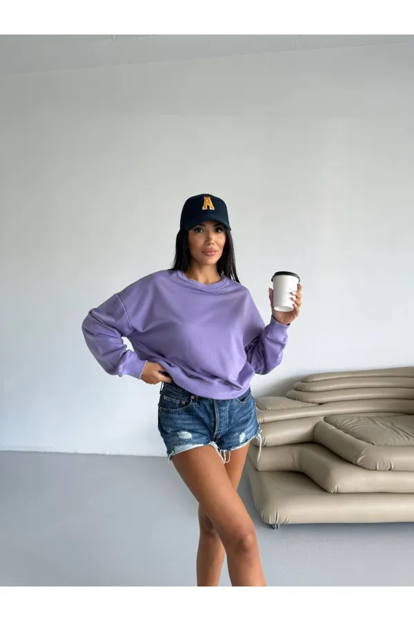 Kadın Lila Bisiklet Yaka 2 İplik Sweatshirt HZL25W-FRY123391