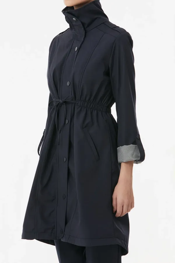 Trench-coat long bleu marine pour femme, doublé et froncé, avec poches et détails à la taille, HZL23W-BD158081