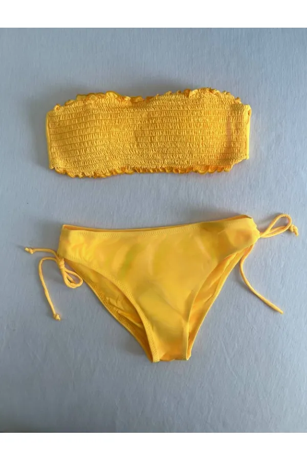 Kadın Sarı Büzgülü Astarlı Bikini Takım HZL25S-LC3349