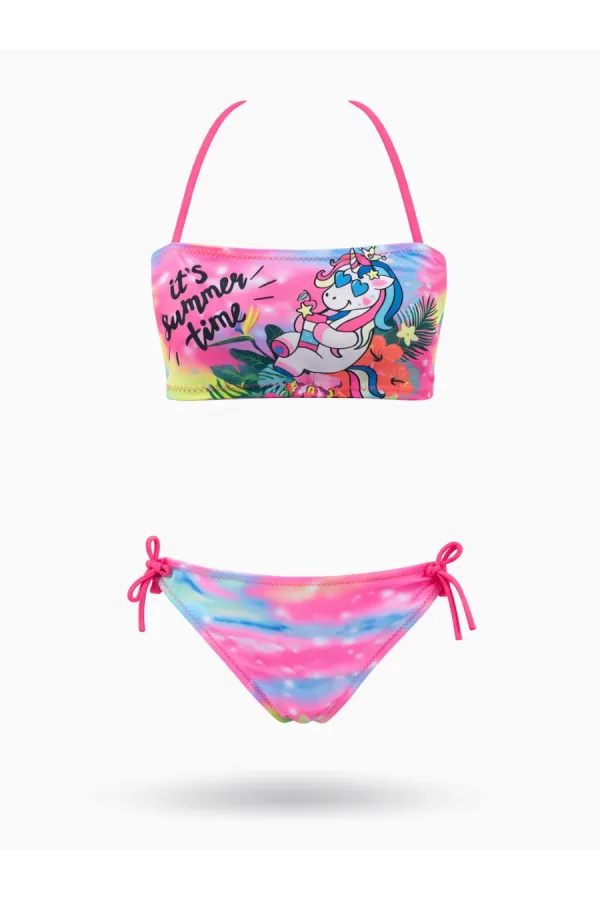 Girls' Light Pink Patterned Strapless Bikini Set, Ages 2-8 HZL24S-LC3652