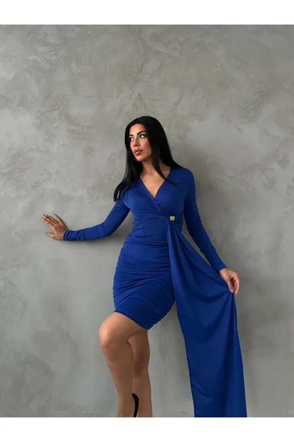 Kadın Saks Mavi V Yaka Toka Ve Büzgü Detaylı Elbise HZL25W-FRY122611