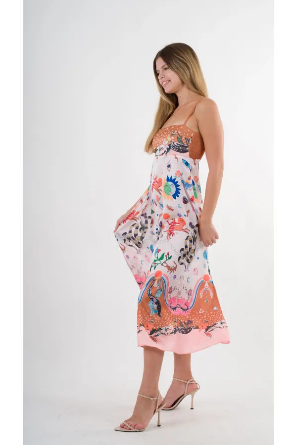 Kadın Çok Renkli İp Askılı Astarsız Uzun Elbise HZL24S-YY276