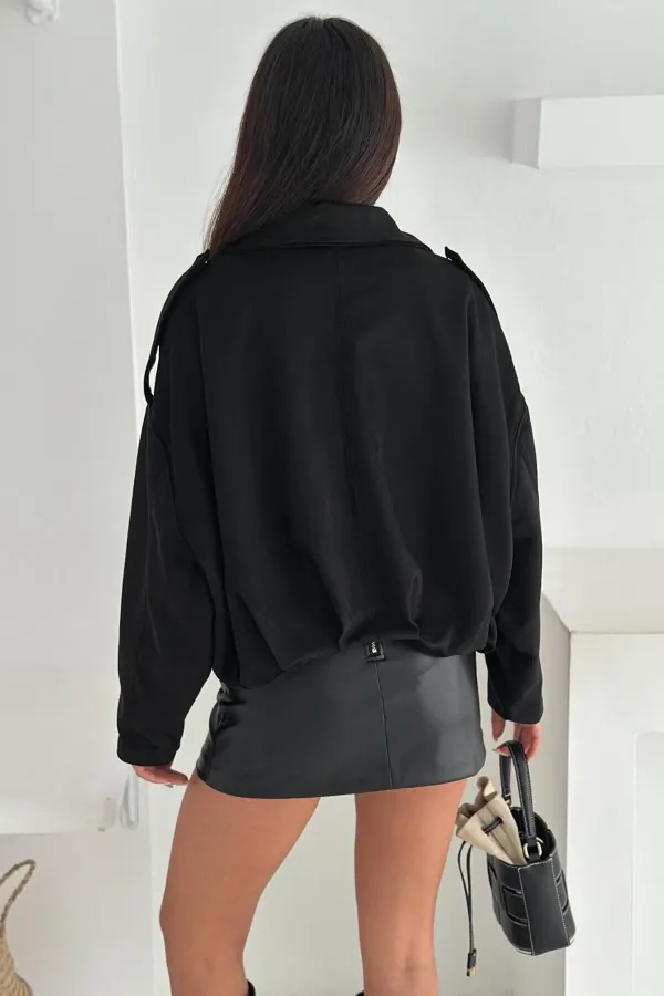 Kadın Siyah Oversize Fermuar ve Çıt Çıt Kapamalı Cepsiz Süet Deri Ceket HZL25W-BD107301