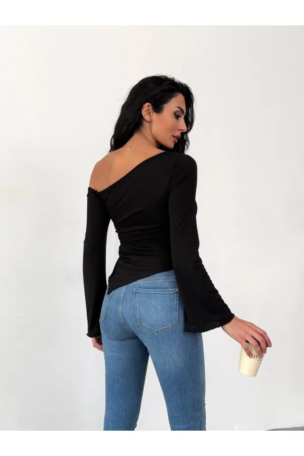 Kadın Siyah Asimetrik Kesim İspanyol Kol Beli Büzgülü Sandy Bluz HZL25W-FRY123591