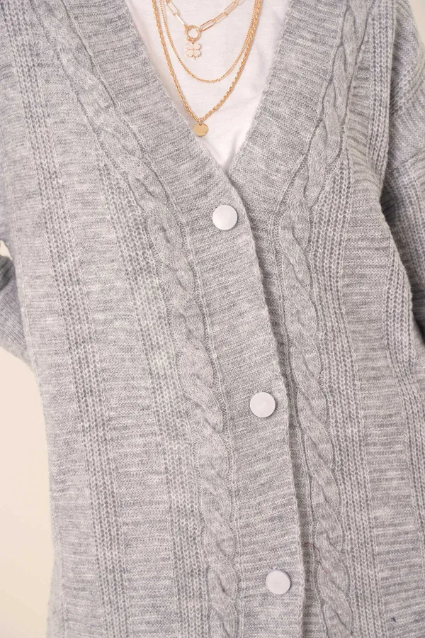 Cardigan long boutonné coupe décontractée en tricot gris clair pour femme HZL23W-BD1100691