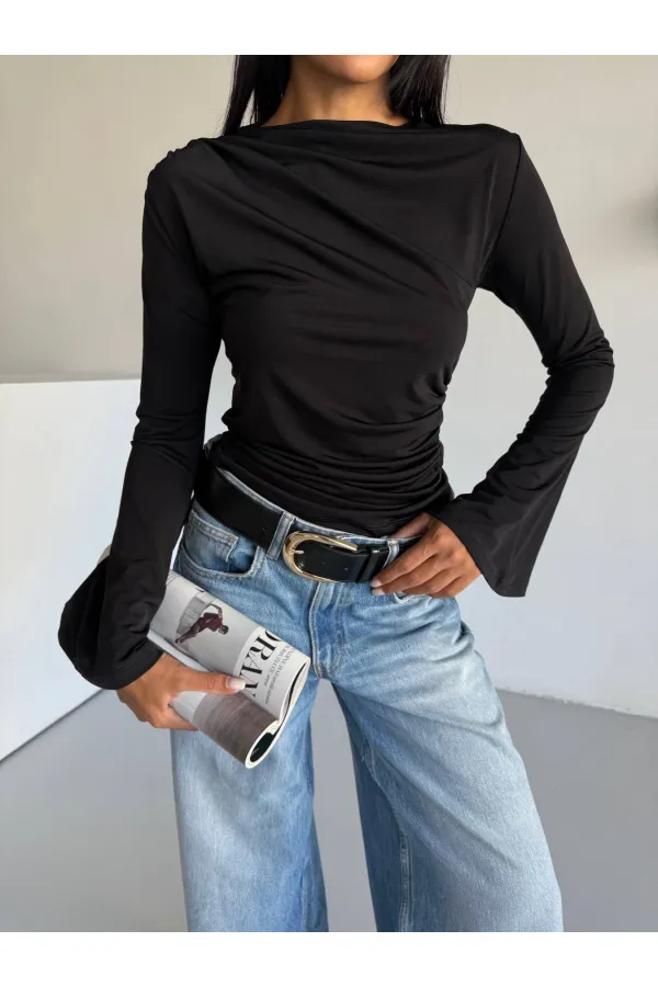 Kadın Siyah Drape Detaylı İspanyol Kol Sany Bluz HZL25W-FRY123431