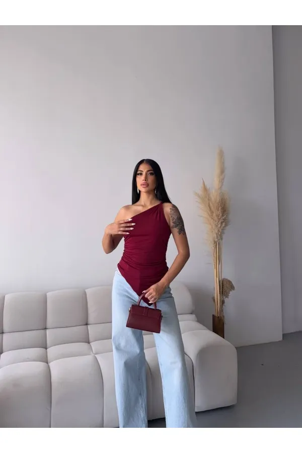Kadın Bordo Tek Omuz Asimetrik Kesim Sandy Bluz HZL25S-FRY123241