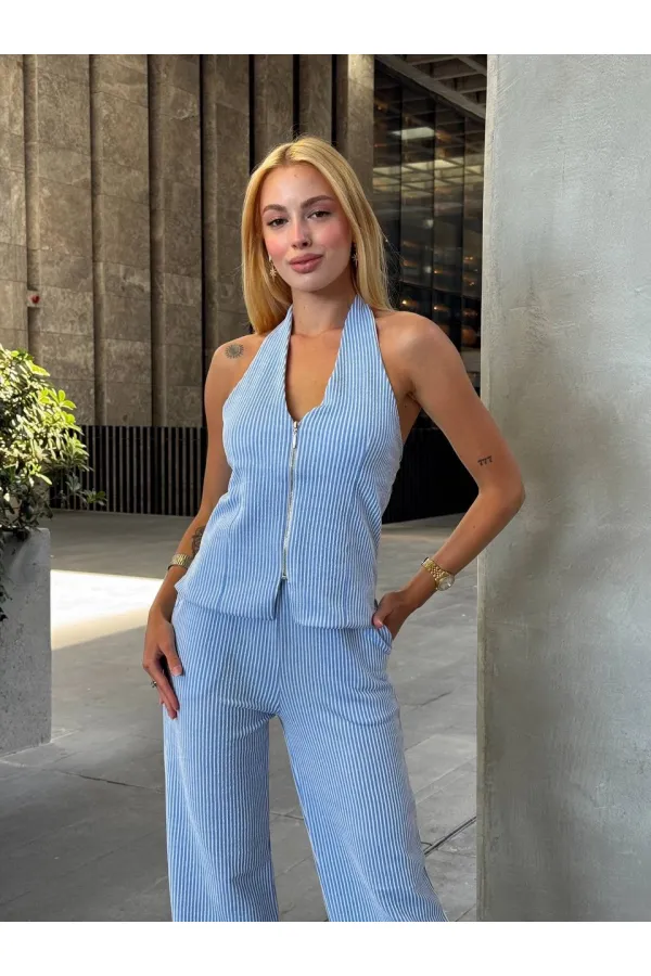 Kadın Mavi Çizgili Önü Fermuarlı Bluz Pantolon İkili Takım HZL25S-ZK13691