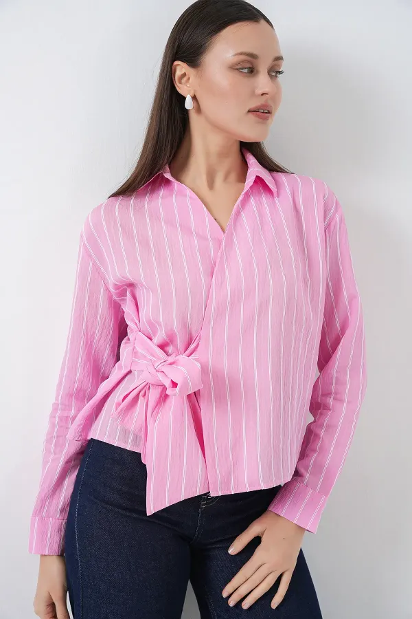 Chemise rayée à nouer sur le devant pour femme 20362 - Rose