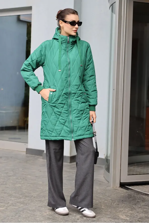 5138 Quilted Long Puffer Jacket - Emerald Green