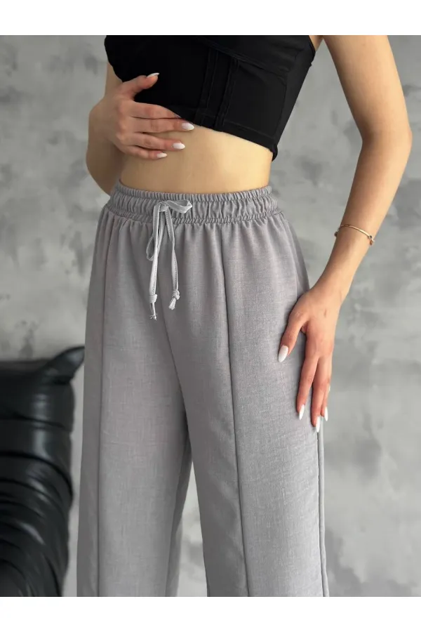 Kadın Gri Lastikli Bel Yırtmaç Detaylı Cepsiz İthal Keten Astarsız Pantolon HZL24S-FRY121941