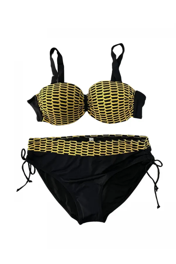 Kadın Sarı Zincir Desenli Büyük Beden Astarlı Siyah Bikini Takım HZL25S-LC3303