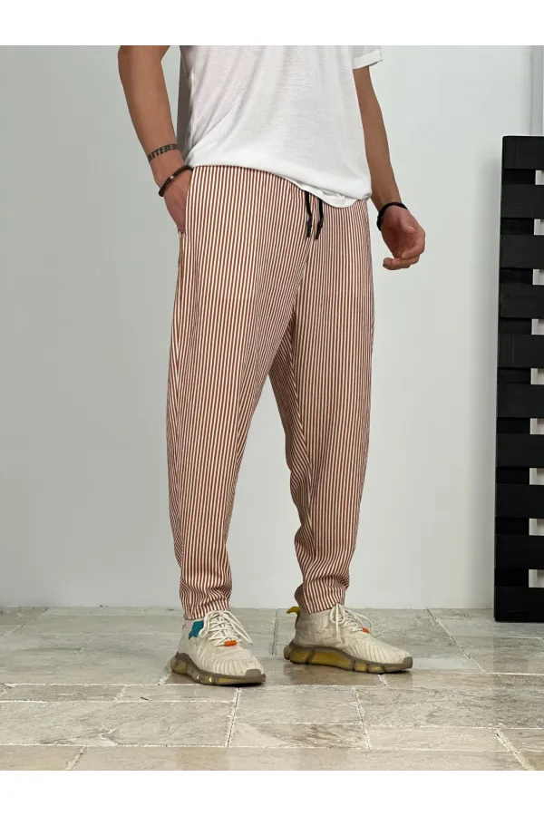 Erkek Taba Beyaz Çizgili Beli İp Bağlamalı Düz Kesim Cepli Pantolon Eşofman Altı HZL24S-MXC8948-179