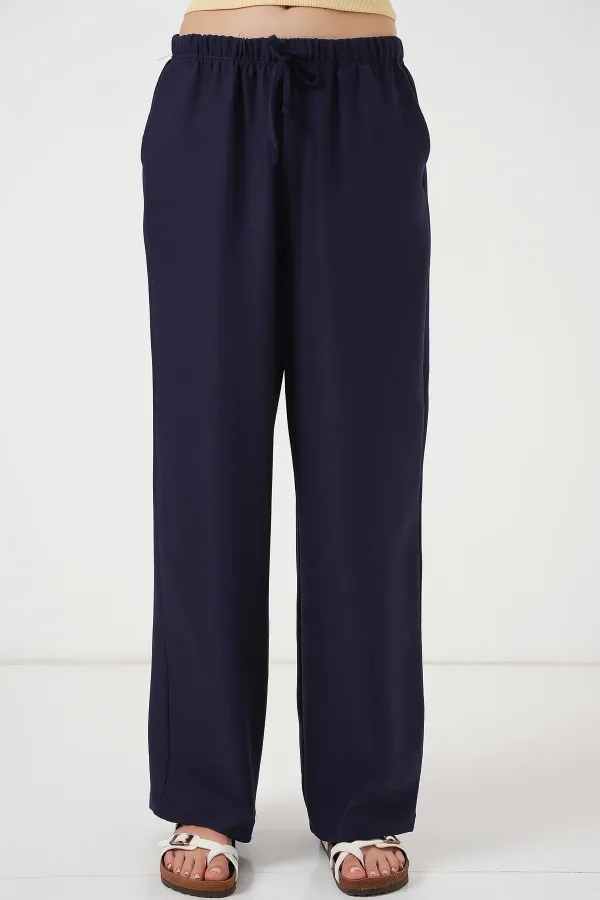 Pantalon large en lin pour femme 6735 - Bleu marine