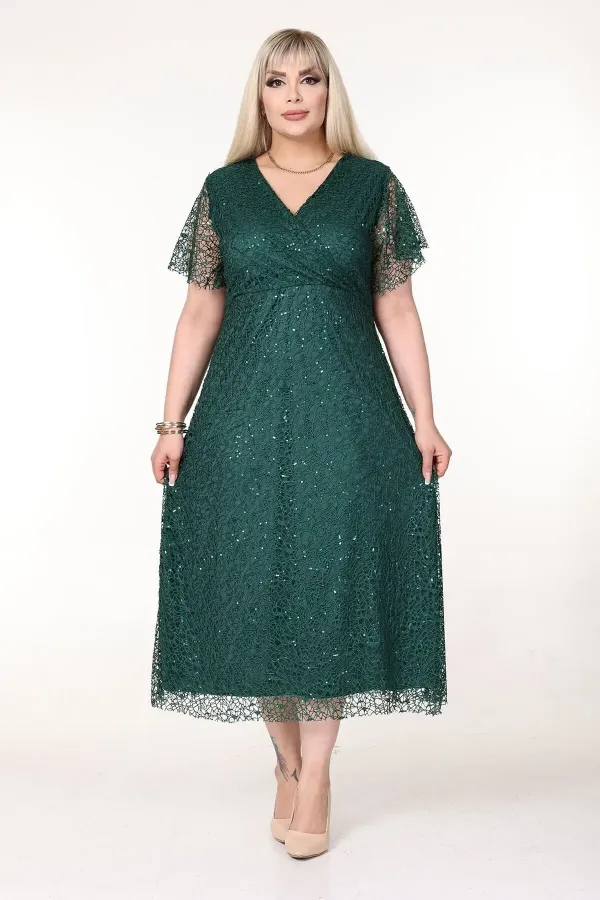 Kadın Zümrüt Yeşil Büyük Beden Kruvaze Yaka Payetli Abiye Elbise HZL26S-PR11171