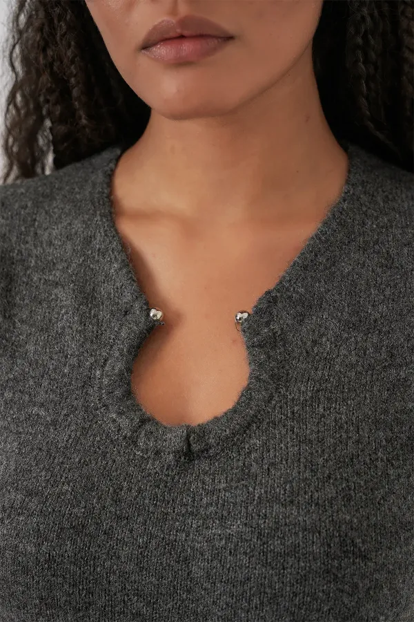 Robe tricotée avec détail de collier pour femme 15989 - Anthracite