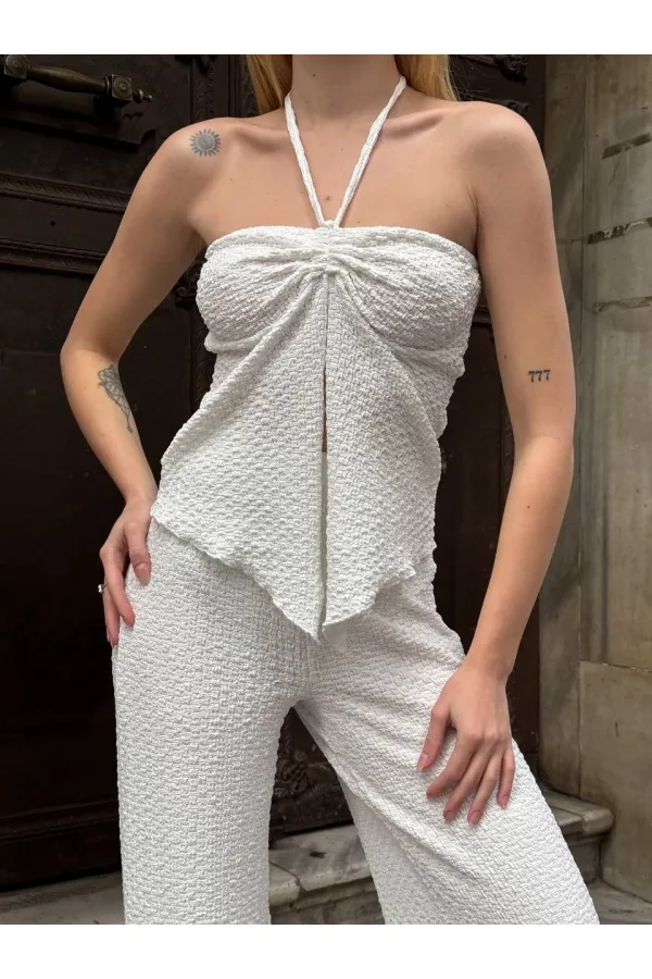 Kadın Beyaz Boyundan Bağlamalı Staplez Bluz HZL25S-ZK13581