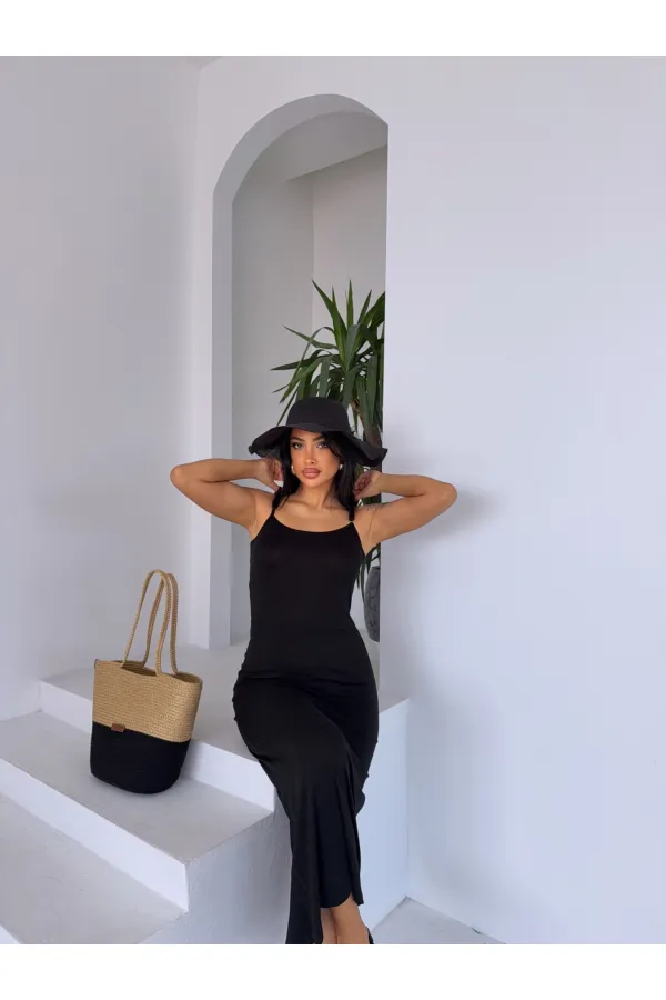 Kadın Siyah Ayarlanabilir Askılı Midi Boy Elbise HZL25S-FRY122921