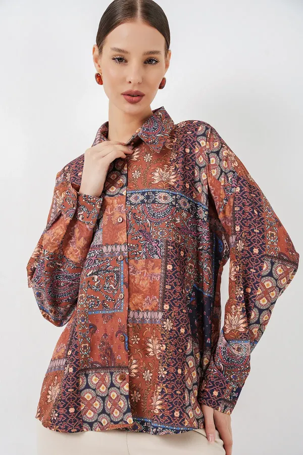 Women's Oversize Patterned Satin Shirt 20365 - Terracotta