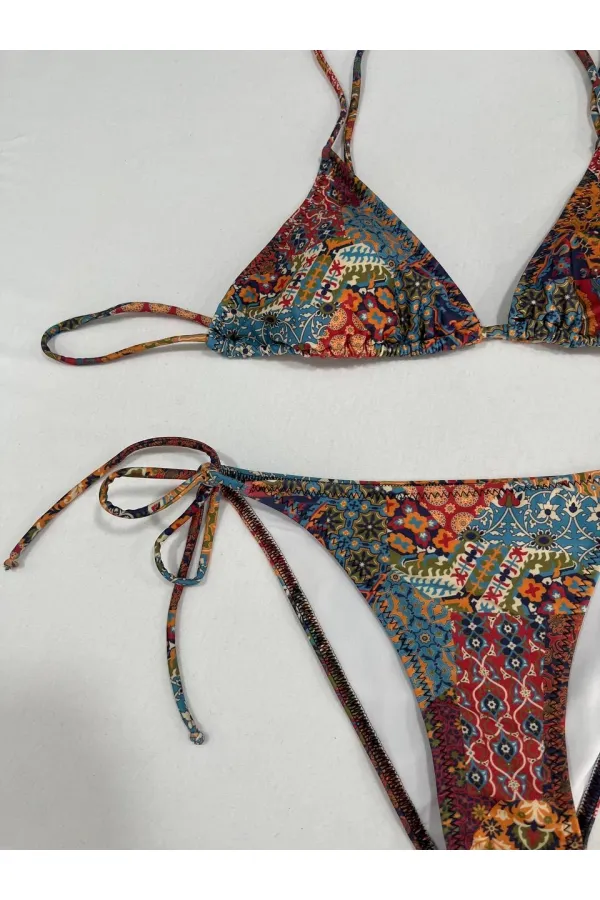 Ensemble bikini triangle dos nu à motif ethnique marron pour femme HZL25S-LC5005