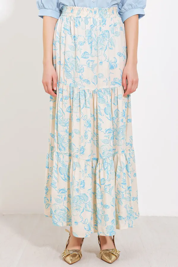 Jupe longue en viscose bleu crème à motifs pour femme, modèle 1898