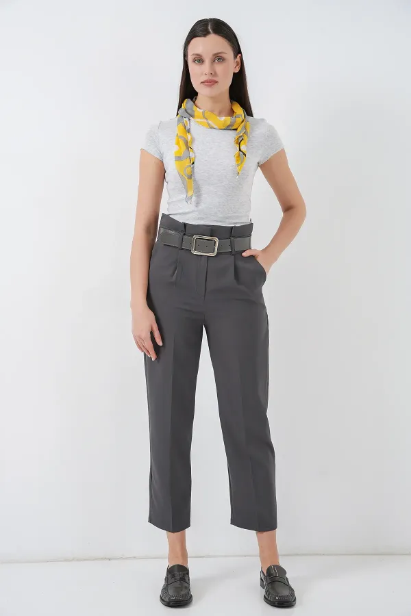 6556 Belted Fabric Trousers - Anthracite